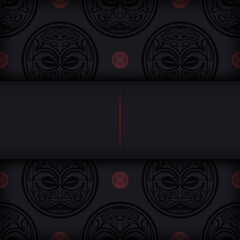 Vector design postcard BLACK colors with a Maori ornament mask. Vector invitation card with place for your text and patterns.