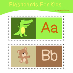 Vector set of flashcards for kids with cute animal themes. Alphabet for kid education. Learn letters with funny zoo animals for kids. Vector illustration.