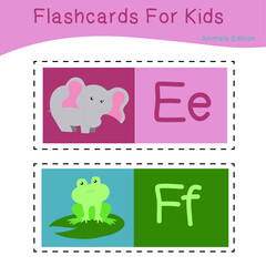 Vector set of flashcards for kids with cute animal themes. Alphabet for kid education. Learn letters with funny zoo animals for kids. Vector illustration.