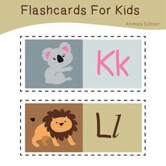Vector set of flashcards for kids with cute animal themes. Alphabet for kid education. Learn letters with funny zoo animals for kids. Vector illustration.