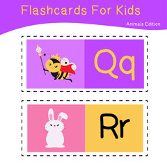 Vector set of flashcards for kids with cute animal themes. Alphabet for kid education. Learn letters with funny zoo animals for kids. Vector illustration.