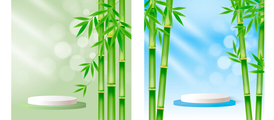 Minimal and clean circle podium stage pedestal for product display in green color with realistic bamboo leaf tree on square background with could, sky, sunrays, sunburst, bokeh. Vector illustration
