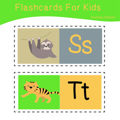 Vector set of flashcards for kids with cute animal themes. Alphabet for kid education. Learn letters with funny zoo animals for kids. Vector illustration.