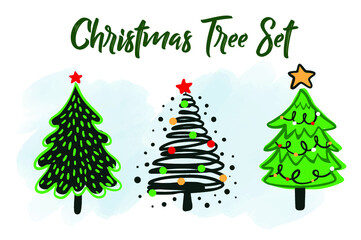 Vector set of Fla cartoon Christmas trees, pines for greeting card, invitation,banner, web. New Years and xmas traditional symbol tree with garlands, light bulb, star. Winter holiday.