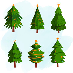 Vector set of Fla cartoon Christmas trees, pines for greeting card, invitation,banner, web. New Years and xmas traditional symbol tree with garlands, light bulb, star. Winter holiday.