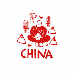 Fototapeta na wymiar Vector hand drawn landmarl logo of China. Travel picogram. Geography travel illustration. Asia concept element.