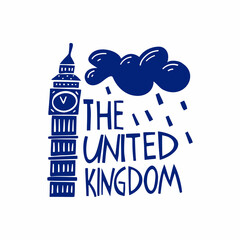Obraz premium Vector hand drawn logo for United Kingdom. Travel illustration of Great Britain. Hand drawn lettering illustration. Britain landmark