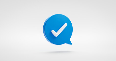 Blue yes check mark icon symbol or tick ok correct button and illustration choice sign isolated on white checkmark background with  approved speech bubble checklist flat design concept. 3D rendering. - obrazy, fototapety, plakaty