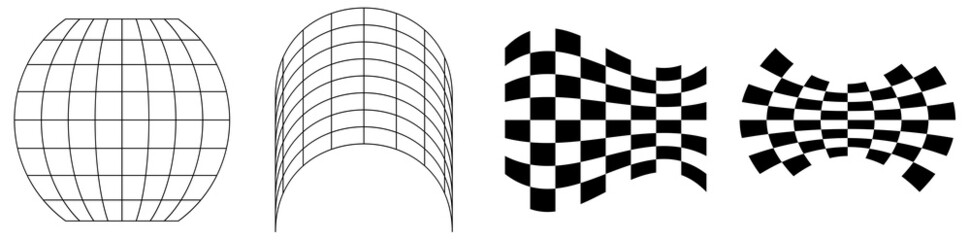 Distorted, deformed grids, meshes, checkerboards. Abstract warp, tweak distortion, deformation effect design elements