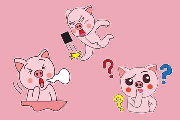 set of bundle of illustrations of cartoon pig stickers with various poses