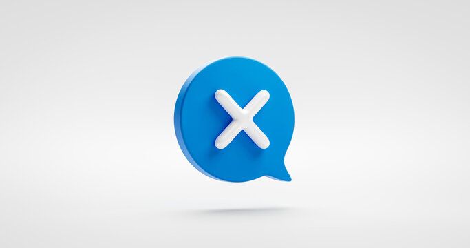 Blue check cross mark icon symbol or illustration no sign and tick choice wrong graphic element isolated on negative cancel background with speech bubble checklist flat design concept. 3D rendering.