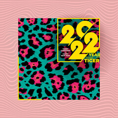 Creative concept of 2022 Happy New Year poster. Year of the tiger design template with typography logo 2022 for celebration and season decoration. Tiger trendy background for branding, banner, cover.