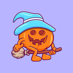 Cute Pumpkin Riding Broom Cartoon Vector Illustration. Halloween Flat cartoon style Vector.