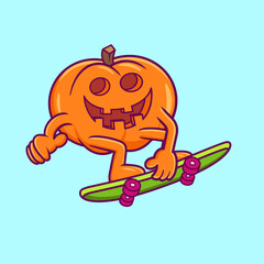Pumpkin playing skateboard cartoon vector icon illustration. Halloween character concept isolated on blue background.