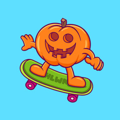 Pumpkin cartoon Playing Skateboard Vector Illustration. Halloween character concept isolated on blue background. Good for a Skater mascot, Halloween icon.