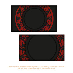 Stylish business cards with space for your text and vintage patterns.Printable black business card design with red mandala patterns.