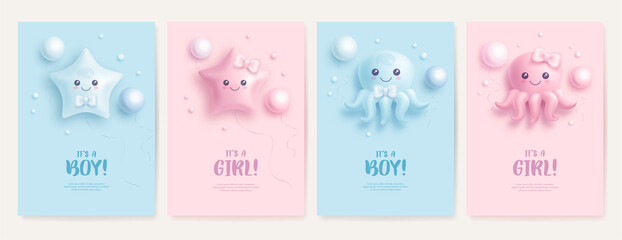 Set of baby shower invitation with cartoon octopus and helium balloons on blue and pink background. It's a boy. It's a girl. Vector illustration