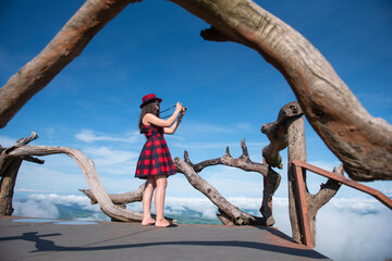 A beautiful tourist girl sitting on top of the mountain and taking a picture of valley. Phu Laen Kha, Chaiyaphum, Thailand