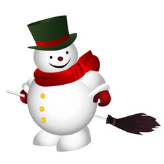 Snowman with green top hat and red scarf hold a broom isolated on white background. Vector illustration