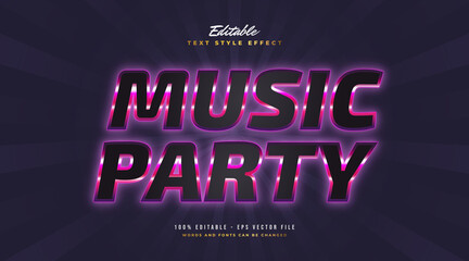 Music Party Text in Black and Purple with Glowing Neon Effect. Editable Text Style Effect