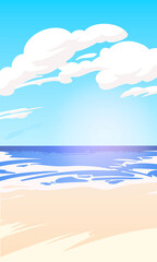 Beautiful vertical seascape with a sea view on a summer day, seashore with sand. Vector illustration.