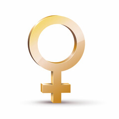 The golden symbol of female gender is the mirror of Venus. Vector isolated illustration of the sign in 3d style, symbolizing women and girls. 