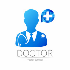 Doctor with cross vector logotype in blue color. Silhouette medical man with cross. Logo for clinic, hospital, health, medicine and business. Concept on white. Template for web, identity modern style.