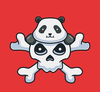 Cute Panda On The Giant Skull. Cartoon Animal Halloween Event Concept Isolated Illustration. Flat Style Suitable For Sticker Icon Design Premium Logo Vector. Mascot Character