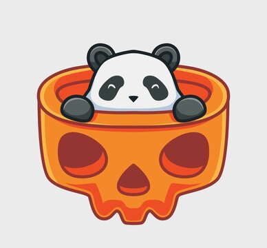 Cute Panda Hide Inside Giant Skull. Cartoon Animal Halloween Event Concept Isolated Illustration. Flat Style Suitable For Sticker Icon Design Premium Logo Vector. Mascot Character