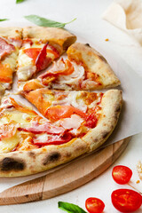 Cheese and ham pizza close up take away food