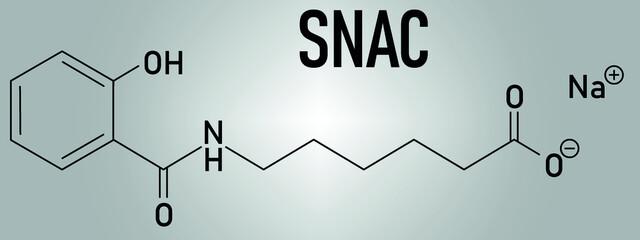 Sodium salcaprozate (SNAC, sodium N-[8-(2-hydroxybenzoyl)amino] caprylate) oral absorption promoter. Used to increase the bioavailability of macromolecules, including heparin. Skeletal formula.