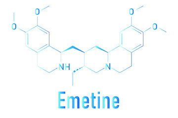 Emetine molecule. Has emetic (induces vomiting) and anti-protozoal properties. Skeletal formula.
