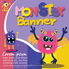 banner monster alien cute colorful happy smile vector illustration design character 05