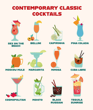 A set of Contemporary Classic cocktails flat vector illustration