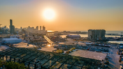 A drone aerial shot showing Port of Beirut explosion site and the surrounding area.