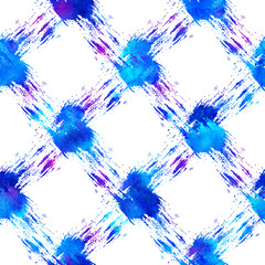 Brush Stroke Plaid Geometric Grung Pattern Seamless in Blue Color Check Background. Gunge Collage Watercolor Texture for Teen and School Kids Fabric Prints Grange Design with lines - 454876542