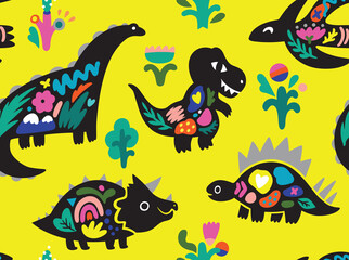 Silhouettes of dinosaurs with flora inside seamless pattern