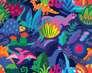 Naklejka na ściany i meble Landscape with dinosaurs and abstract leaves seamless pattern