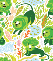 Green lions - broccoli in the jungle seamless pattern