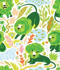 Gordijnen Groene leeuwen - broccoli in het jungle-naadloze patroon © penguin_house
