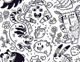 Funny creatures seamless pattern for coloring book