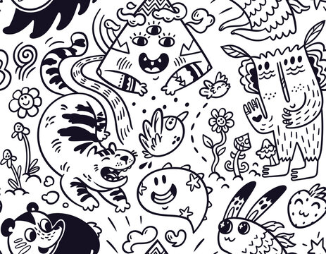 Funny creatures seamless pattern for coloring book