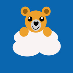 Cute teddy bear on a cloud and blue background.