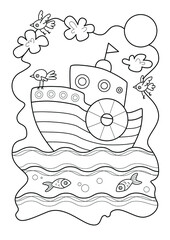 Cartoon page for coloring book with boat, hand-drawn vector illustration.