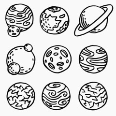 Set with nine planets in doodle contour line style