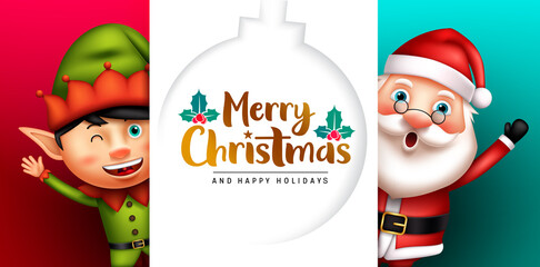 Christmas greeting vector template design. Merry christmas text in white empty space with waving santa claus and elf kid for xmas friendly celebration card. Vector illustration.
