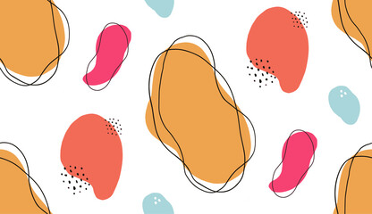 Trendy memphis seamless pattern with yellow, orange, blue abstract shapes on white background. Hipster abstract shapes. Vector hand drawn modern doodle.