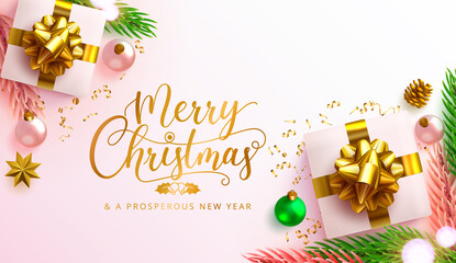 Merry christmas vector background design. Merry christmas and happy new year text with gifts and xmas decoration elements for holiday season greeting card. Vector illustration.
