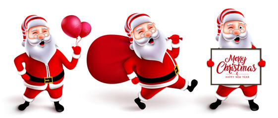 Santa claus character vector set. Christmas santa 3d characters holding bag, whiteboard and balloons elements for xmas graphic holiday collection. Vector illustration.
