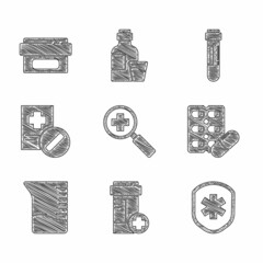 Set Magnifying glass for search medical, Medicine bottle, Medical shield with cross, Pills blister pack, Measuring cup, prescription, Test tube blood and Ointment cream medicine icon. Vector